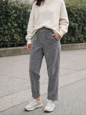 OAK + FORT Gray Corduroy Pants High Rise Elastic Waist Straight Leg Minimalist